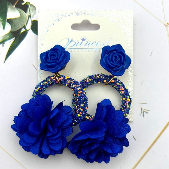Princess Accessories Jewelry - STUNNING Blue Sparkle Dangle Circle/Hoop & Floral Princess Accessories Earrings